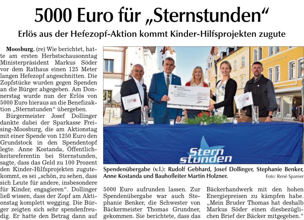 2022 09 23 Moosburger Zeitung 5000 Euro fuer Sternstunden